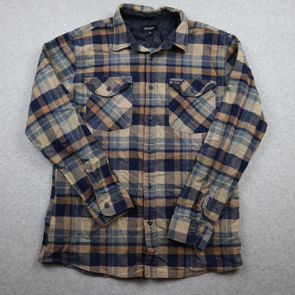 Brixton Flannel Shirt Mens XL Bowery Navy Tan Plaid Long Sleeve Button Down